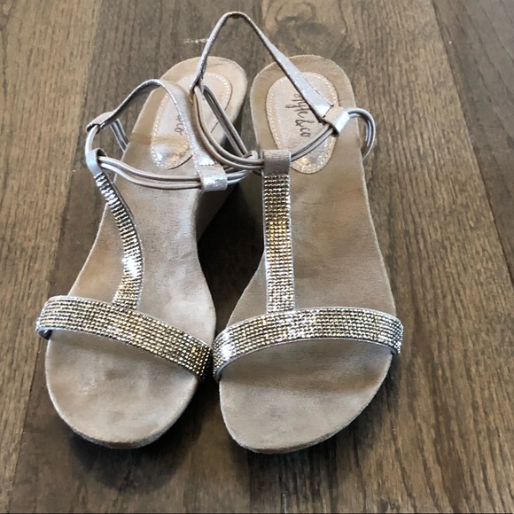 💋 Gunmetal Gray Sparkly Wedge Comfy Sandals 8 - Picture 3 of 6